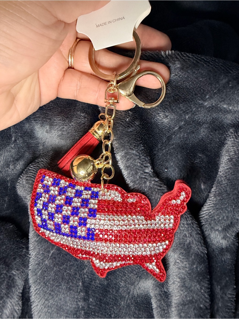 Patriotic Crystal USA Map Keychain - Red